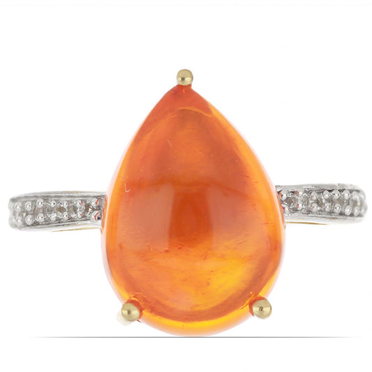 Pozlacené Stříbro 925/1000 - Prsten s Oranžovým Opálem z Lega Dembi a Bílým Topazem - Karátové číslo: 4.54. přibližná hmotnost: 3.09 gramů