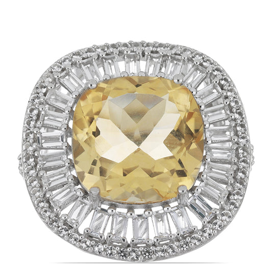 Stříbro 925/1000 - Prsten s Uralským Citrínem a Bílým Topazem - Karátové číslo: 11.93. přibližná hmotnost: 11.15 gramů