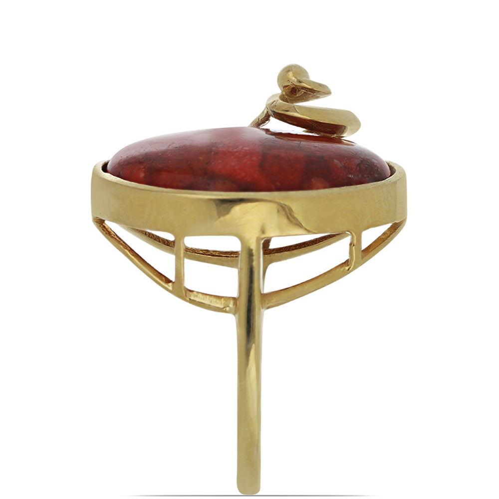 Pozlacené Stříbro 925/1000 - Prsten s Červeným Houbovým Korálem - Karátové číslo: 12.42. přibližná hmotnost: 7.15 gramů