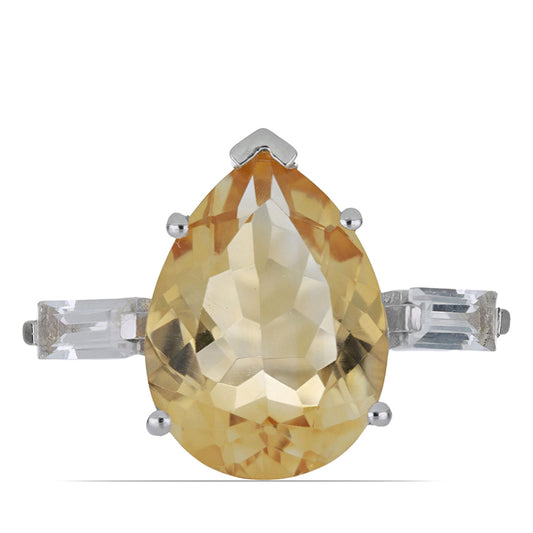 Stříbro 925/1000 - Prsten s Uralským Citrínem a Bílým Topazem - Karátové číslo: 7.98. přibližná hmotnost: 5.31 gramů