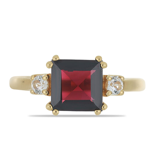 Pozlacené Stříbro 925/1000 - Prsten s Rhodolitovým Granátem z Minas Moatize a Bílým Topazem - Karátové číslo: 3.24. přibližná hmotnost: 3.62 gramů