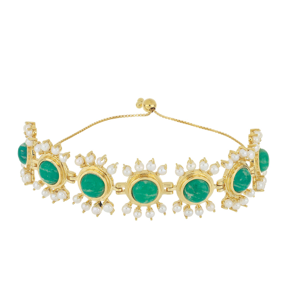 Pozlacené Stříbro 925/1000 - Náramek s Amazonitem a Bílou Sladkovodní Perlou - Karátové číslo: 20.88. přibližná hmotnost: 22.81 gramů