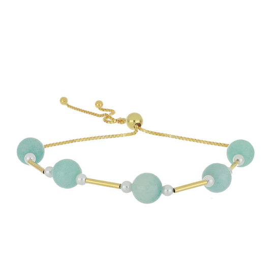 Pozlacené Stříbro 925/1000 - Náramek s Amazonitem a Bílou Sladkovodní Perlou - Karátové číslo: 21. přibližná hmotnost: 6.4 gramů