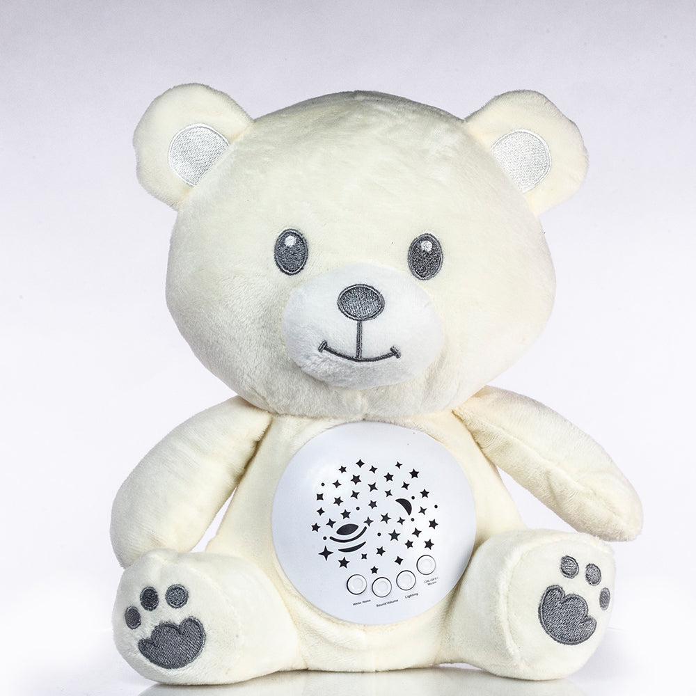 Hudební plyšová figurka ve tvaru medvěda, která navozuje spánek, s bílým šumem a nočním světlem.