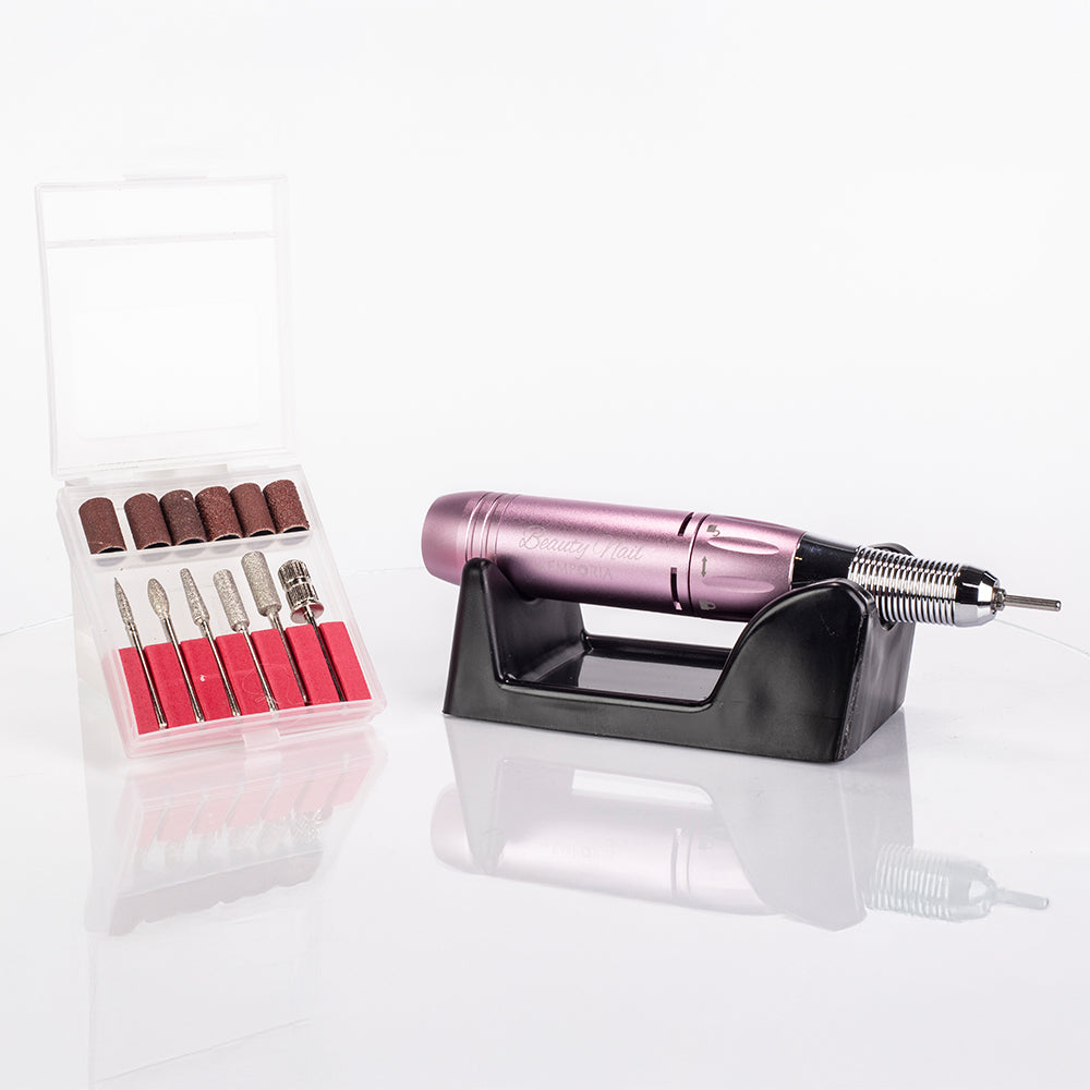 Profesionální pilník na nehty Emporia Beauty Nail s vyměnitelnými hlavicemi – růžový