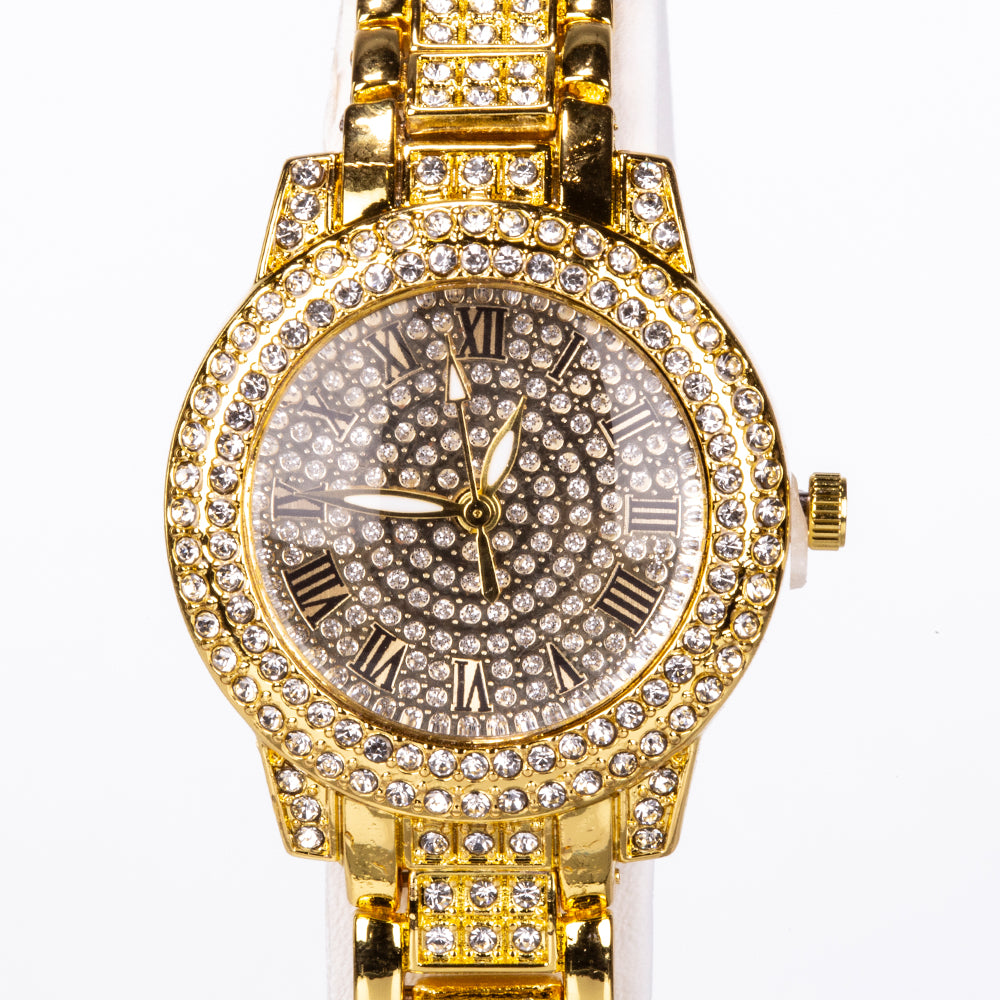 5dílná sada šperků Emporia prémiové kvality ve zlaté barvě v exkluzivní dárkové krabičce s imitací kůže (s hodinkami, náramkem, náhrdelníkem, náušnicemi a prstenem, s bílým krystalem Emporia)