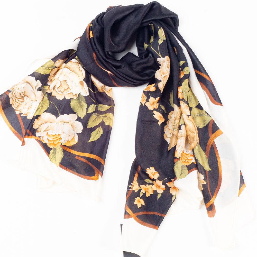 Plátno a květy, šála, 85 x 180 cm, Černá, 100% veganské hedvábí 4 