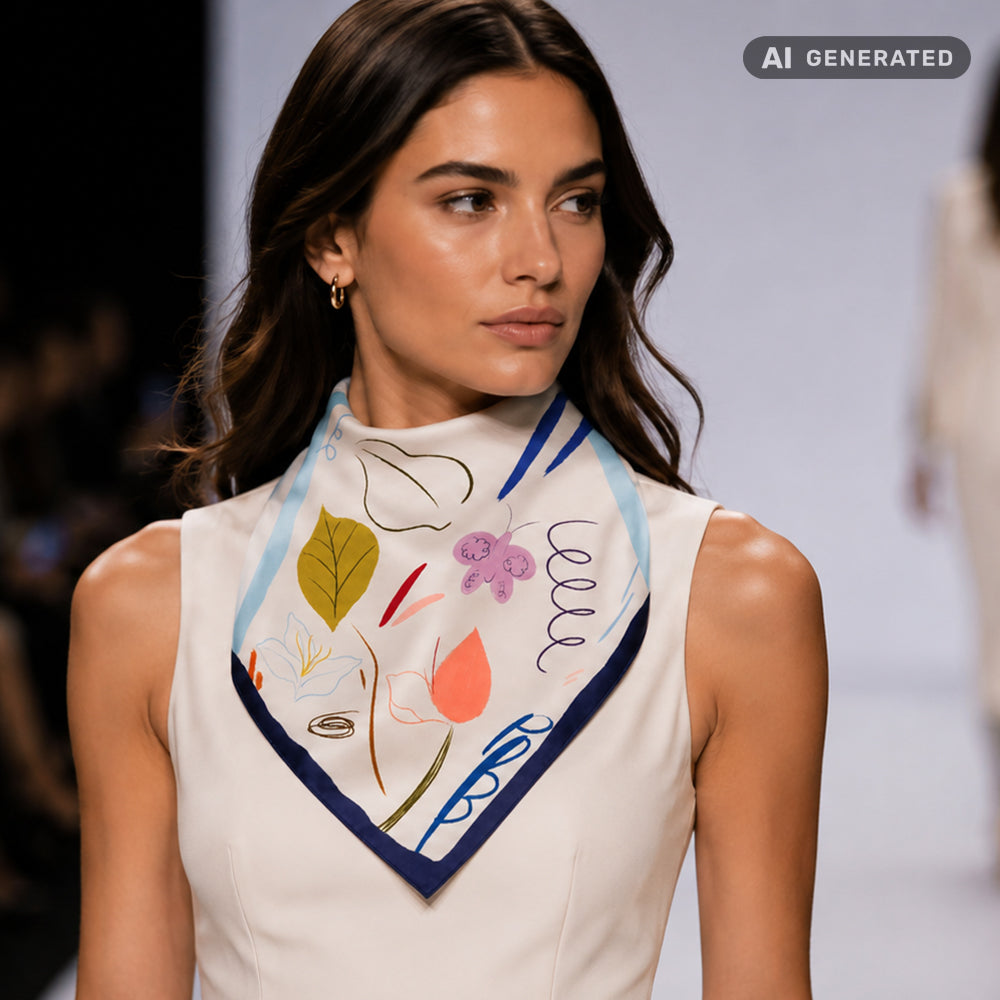 Playful Bloom Scarf, Turquoise, 90 cm x 90 cm, 100% Silk