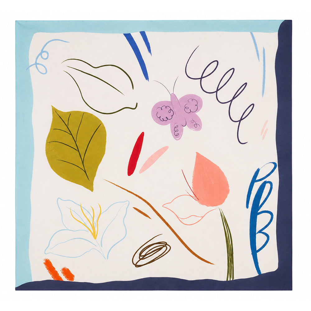 Playful Bloom Scarf, Turquoise, 90 cm x 90 cm, 100% Silk 2 