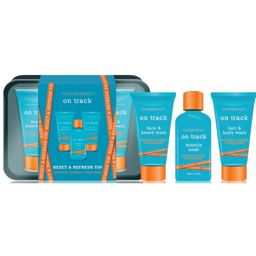 On Track Reset & Refresh Tin: 100ml Hair & Body Wash, 100ml Face & Body Wash, 100ml Muscle Soak, all in Coloured Tin 1 