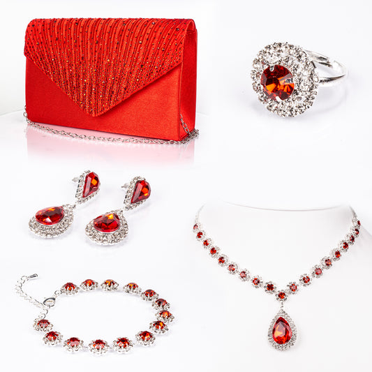 Pozlacený Slitinový Kabelka s Červeným Emporia® Křišťálem a Bílým Emporia® Křišťálem ( Náhrdelník+Náušnice+Náramek+Prsten )