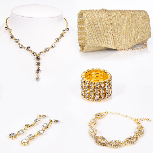 Pozlacený Slitinový Kabelka s Bílým Emporia® Křišťálem ( Náhrdelník+Náušnice+Náramek+Prsten )