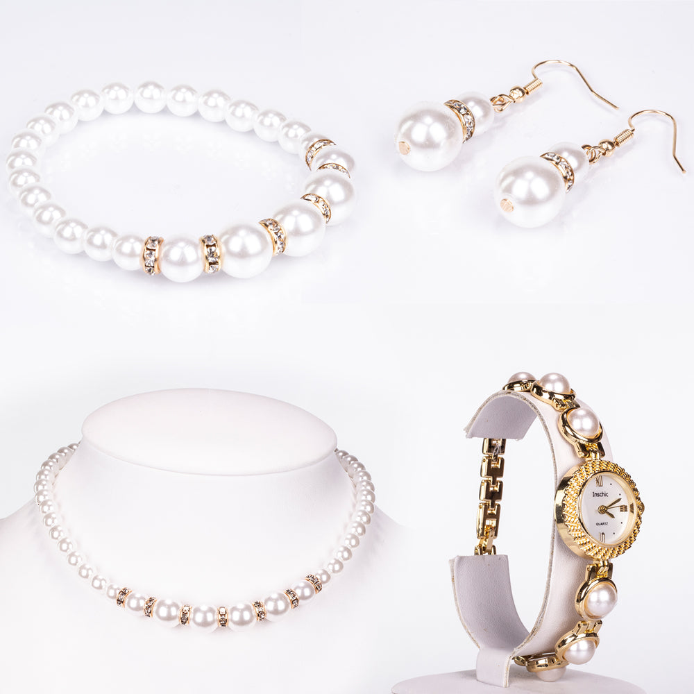 Pozlacený Slitinový Hodinky s Bílým Emporia® Křišťálem ( Náhrdelník+Náušnice+Náramek ) 1 