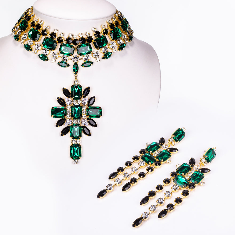 Pozlacená Slitinová Sada se Zeleným Emporia® Křišťálem a Bílým Emporia® Křišťálem ( Náhrdelník+Náušnice ) 1 