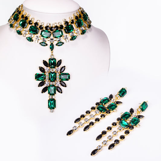 Pozlacená Slitinová Sada se Zeleným Emporia® Křišťálem a Bílým Emporia® Křišťálem ( Náhrdelník+Náušnice )