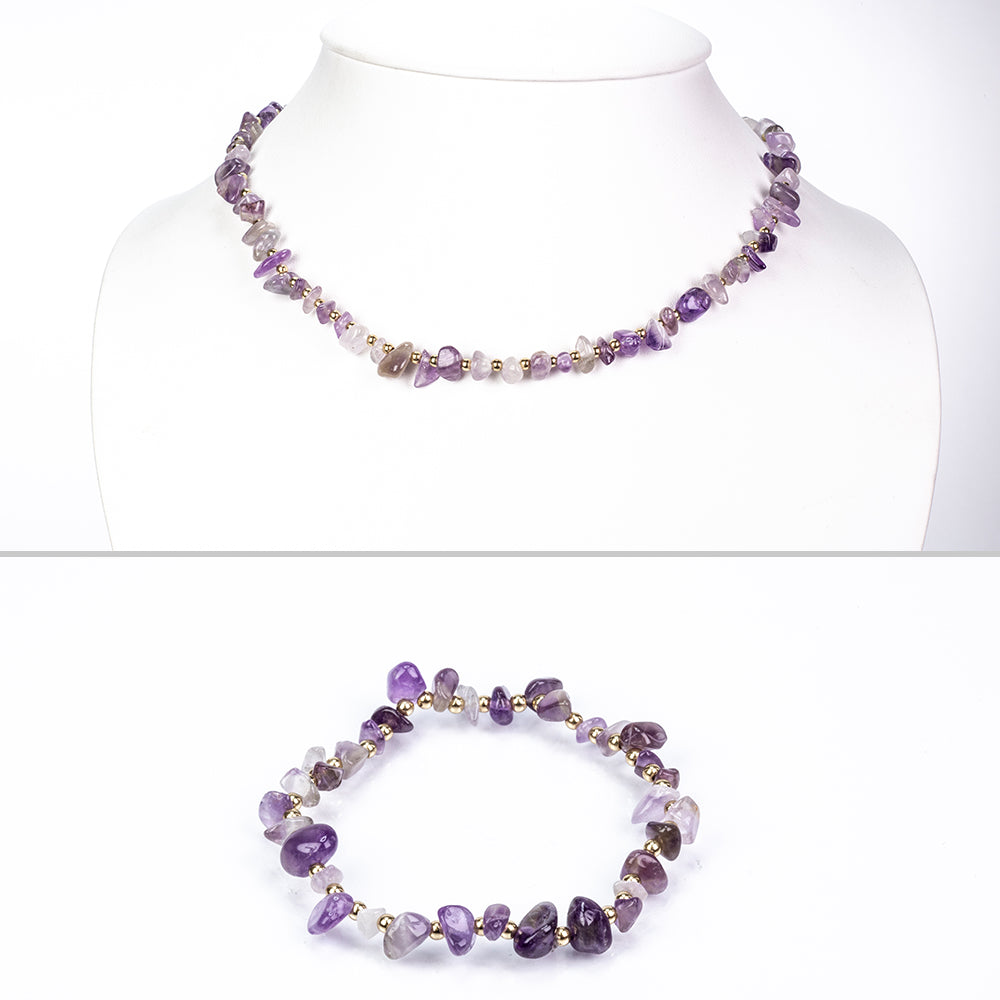 Pozlacená slitina - Sada s Ametystem - Karátové číslo: 106.2. přibližná hmotnost: 34 gramů ( Náhrdelník+Náramek )