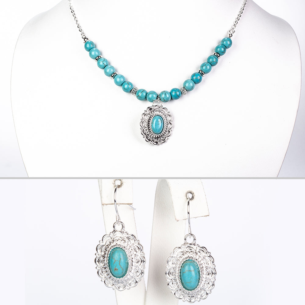 Pozlacená slitina - Sada s Tyrkysem - Karátové číslo: 67.75. přibližná hmotnost: 28 gramů ( Náhrdelník+Náušnice )