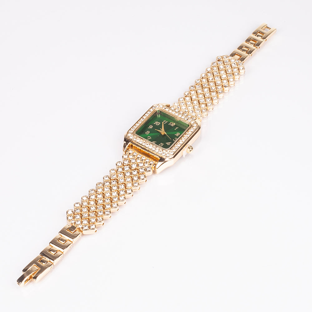 Pozlacená slitina - Hodinky se Zeleným Emporia® Křišťálem a Bílým Emporia® Křišťálem - Karátové číslo: 12. přibližná hmotnost: 57 gramů ( Náhrdelník+Náušnice+Přívěsek ) 8 