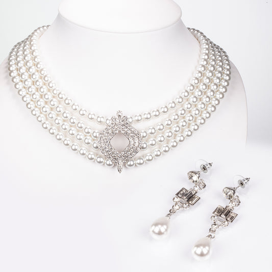 Pozlacená slitina - Sada se Skleněná Perla a Bílým Emporia® Křišťálem - Karátové číslo: 442.7. přibližná hmotnost: 20 gramů ( Náhrdelník+Náušnice )