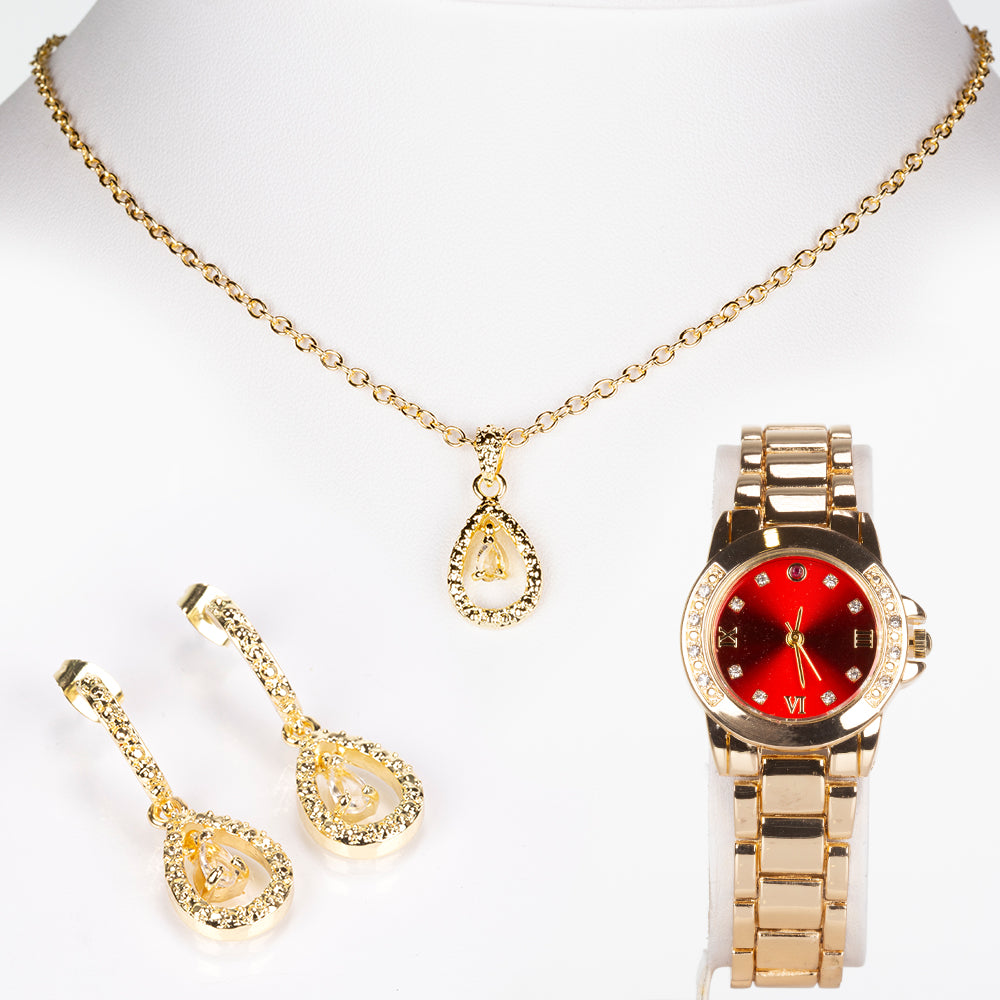 Pozlacená slitina - Hodinky s Rubínem a Bílým Emporia® Křišťálem - Karátové číslo: 0.92. přibližná hmotnost: 62 gramů ( Náhrdelník+Náušnice+Přívěsek ) 1 