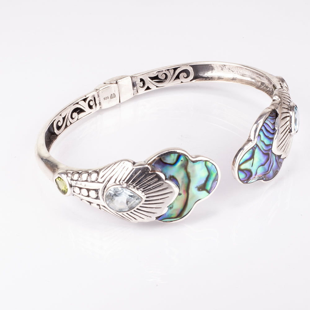 Stříbro 925/1000 - Náramek s Mušlí Abalone a Lapisem Lazuli - Karátové číslo: 9.6. přibližná hmotnost: 22.1 gramů