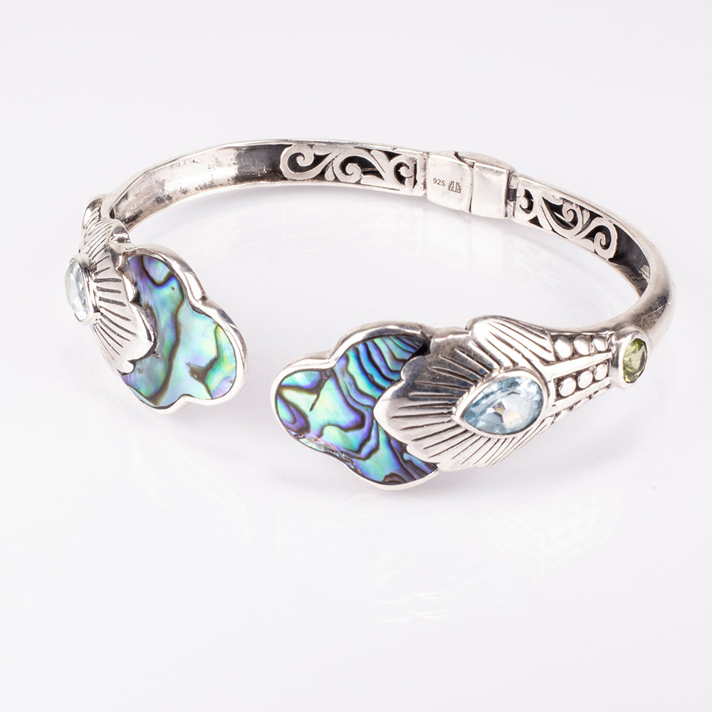 Stříbro 925/1000 - Náramek s Mušlí Abalone a Lapisem Lazuli - Karátové číslo: 9.6. přibližná hmotnost: 22.1 gramů