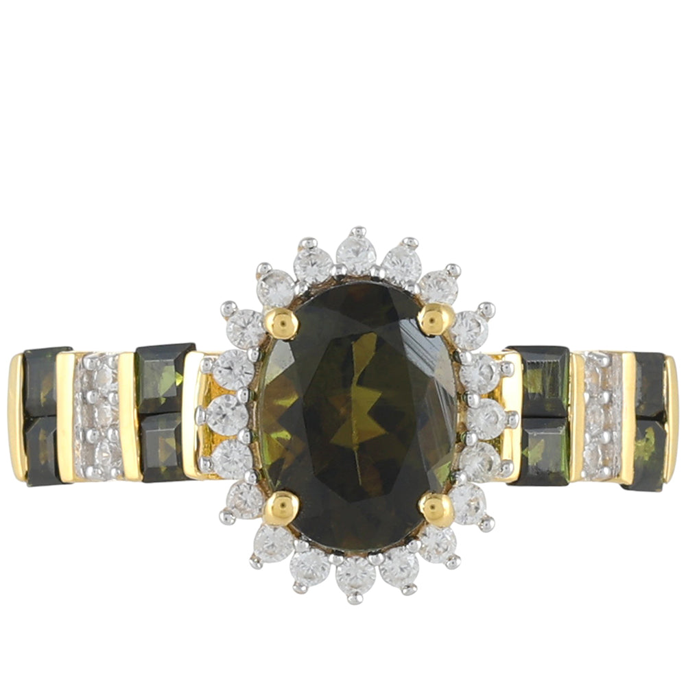 Pozlacené Stříbro 925/1000 - Prsten se Zeleným Turmalínem a Přírodním Zirkonem - Karátové číslo: 2.06. přibližná hmotnost: 2.79 gramů