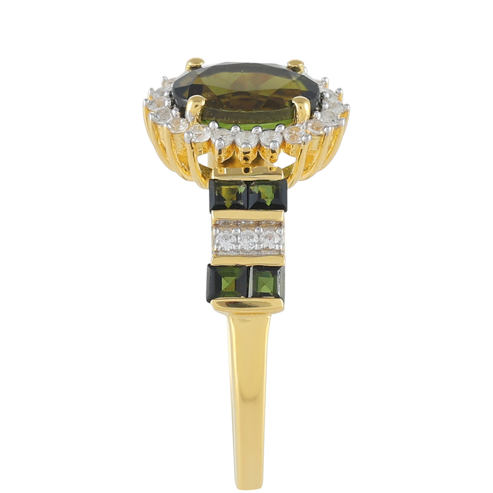 Pozlacené Stříbro 925/1000 - Prsten se Zeleným Turmalínem a Přírodním Zirkonem - Karátové číslo: 2.06. přibližná hmotnost: 2.79 gramů