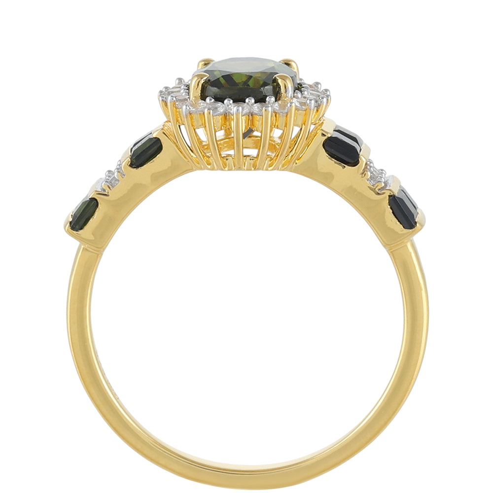Pozlacené Stříbro 925/1000 - Prsten se Zeleným Turmalínem a Přírodním Zirkonem - Karátové číslo: 2.06. přibližná hmotnost: 2.79 gramů