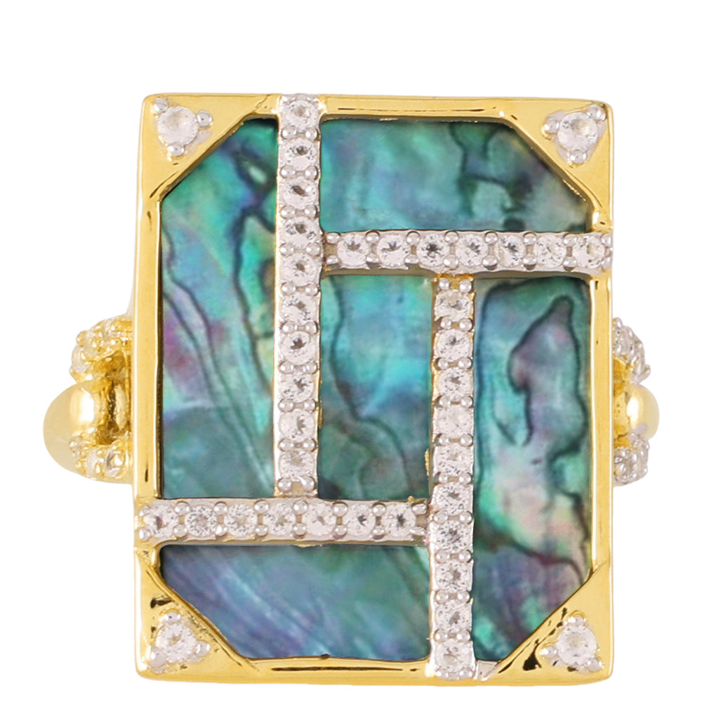 Pozlacené Stříbro 925/1000 - Prsten s Mušlí Paua a Bílým Topazem - Karátové číslo: 6.17. přibližná hmotnost: 5.84 gramů