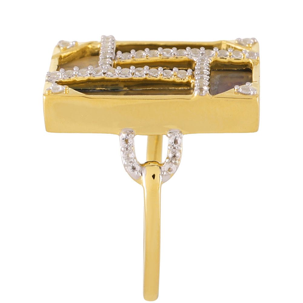 Pozlacené Stříbro 925/1000 - Prsten s Mušlí Paua a Bílým Topazem - Karátové číslo: 6.17. přibližná hmotnost: 5.84 gramů