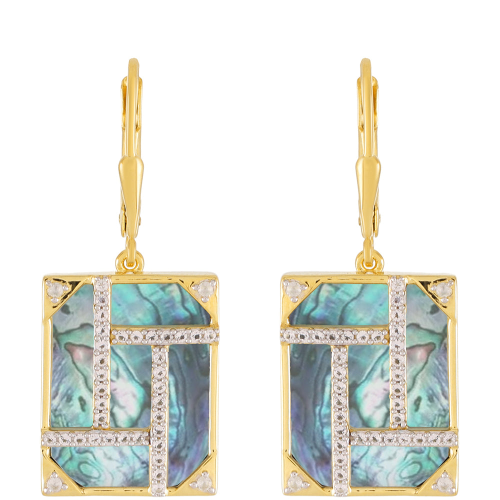 Pozlacené Stříbro 925/1000 - Náušnice s Mušlí Paua a Bílým Topazem - Karátové číslo: 12.4. přibližná hmotnost: 9.56 gramů 1 