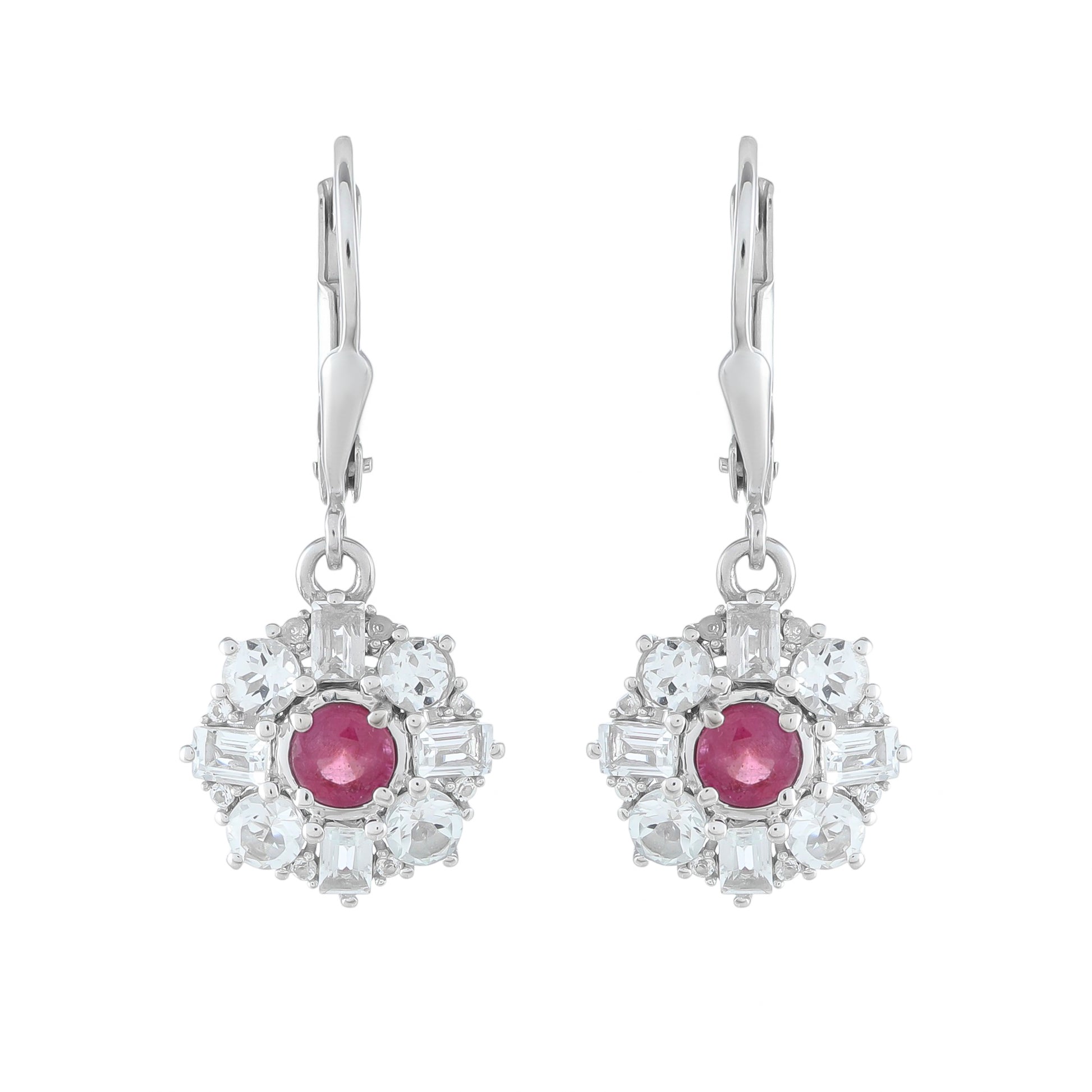 Stříbro 925/1000 - Náušnice s Thajským Rubínem a Bílým Topazem - Karátové číslo: 2.82. přibližná hmotnost: 3.24 gramů 1 
