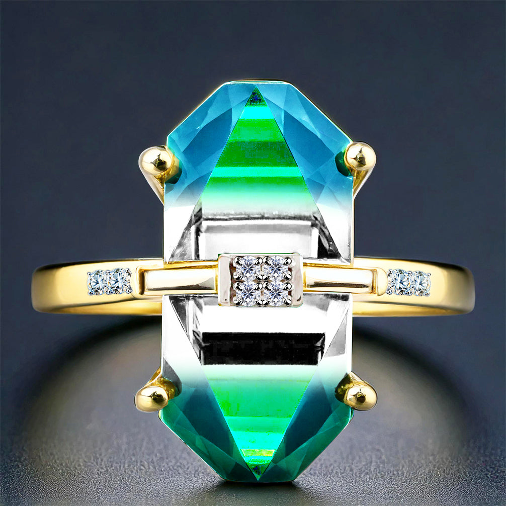 Pozlacený Stříbrný Prsten se Zeleným Onyxem a Bílým Diamantem 1 
