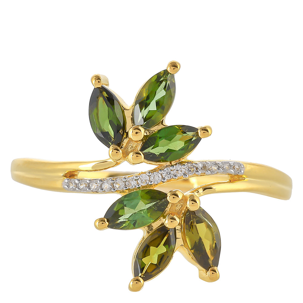 Pozlacené Stříbro 925/1000 - Prsten se Zeleným Turmalínem a Přírodním Zirkonem - Karátové číslo: 0.92. přibližná hmotnost: 2.05 gramů