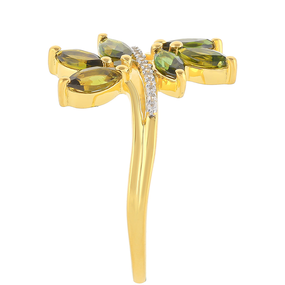 Pozlacené Stříbro 925/1000 - Prsten se Zeleným Turmalínem a Přírodním Zirkonem - Karátové číslo: 0.92. přibližná hmotnost: 2.05 gramů 3 