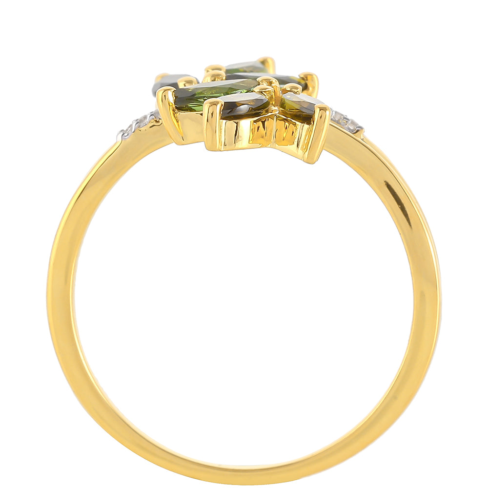 Pozlacené Stříbro 925/1000 - Prsten se Zeleným Turmalínem a Přírodním Zirkonem - Karátové číslo: 0.92. přibližná hmotnost: 2.05 gramů