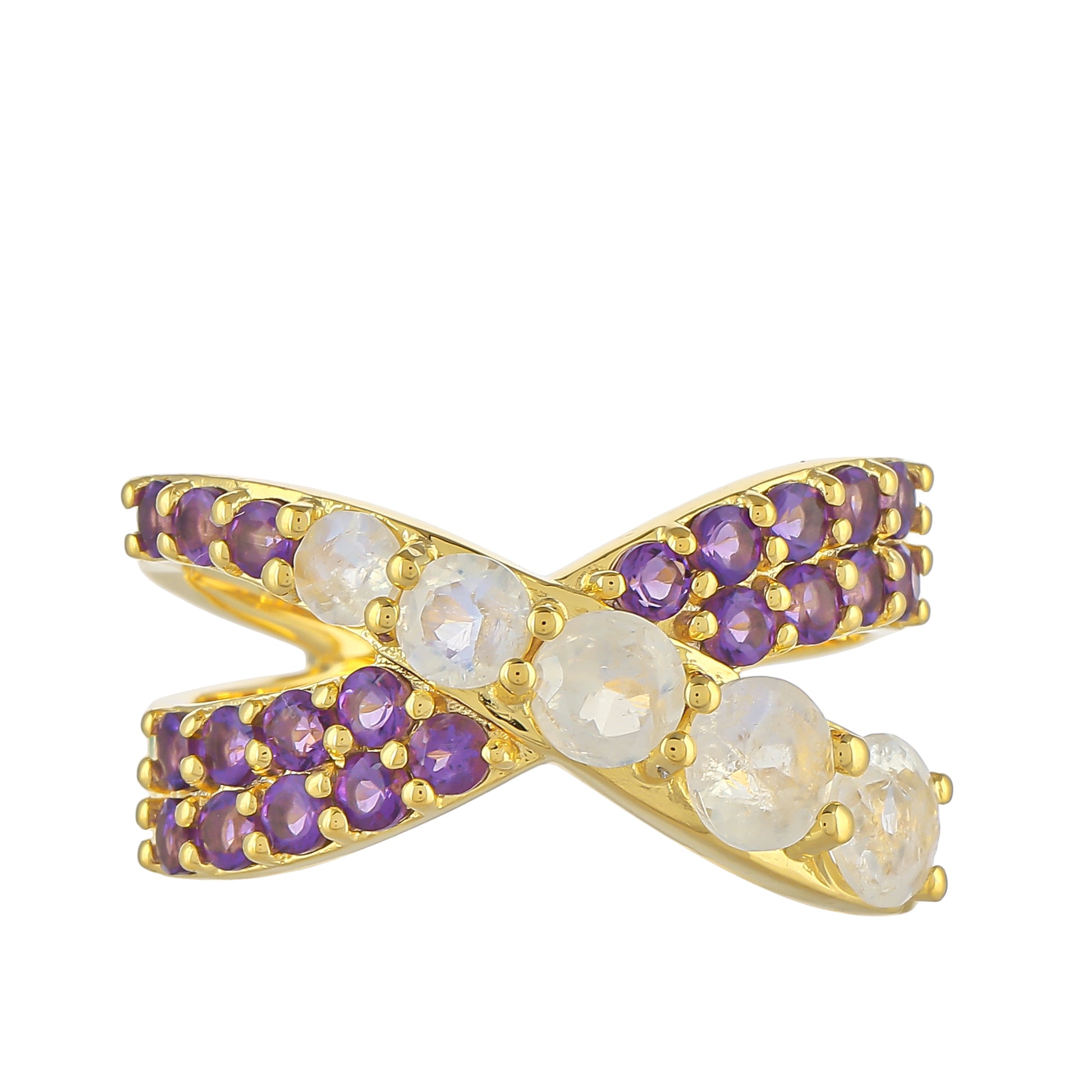 Pozlacený 925 / 1000 Sterlingové Stříbro Prsten s Duhovým Měsíčním Kamenem a Brazilským Ametystem 1 