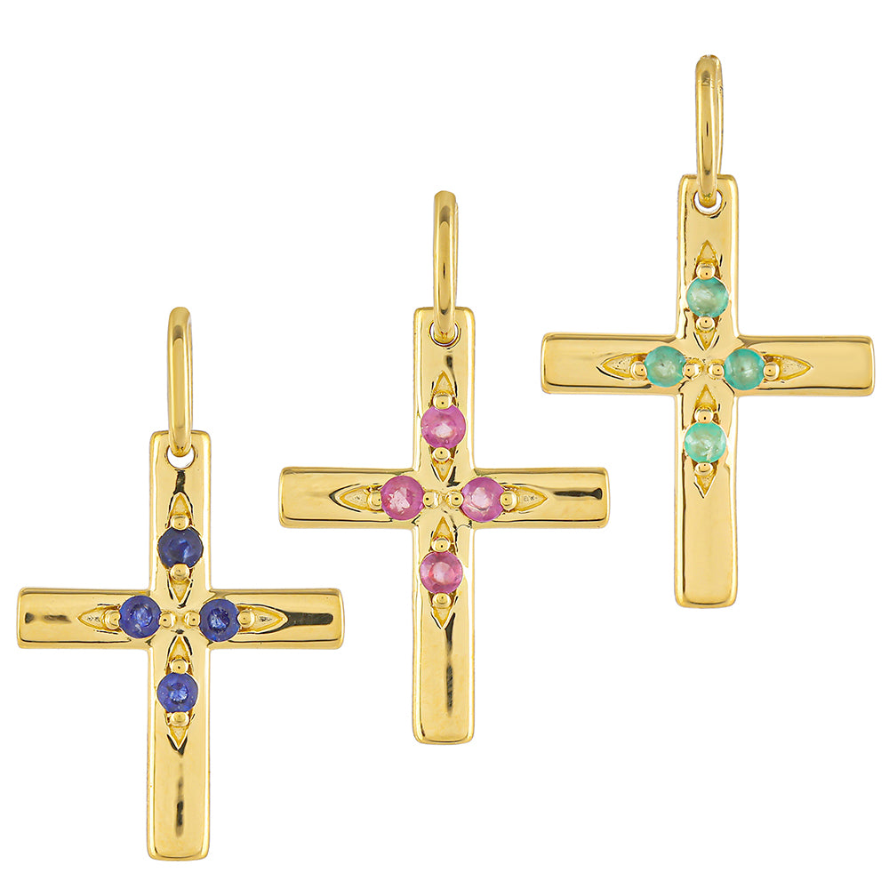 Kříž Pozlacená Stříbrná Sada s Thajským Rubínem a Brazilským Smaragdem ( Přívěsek )