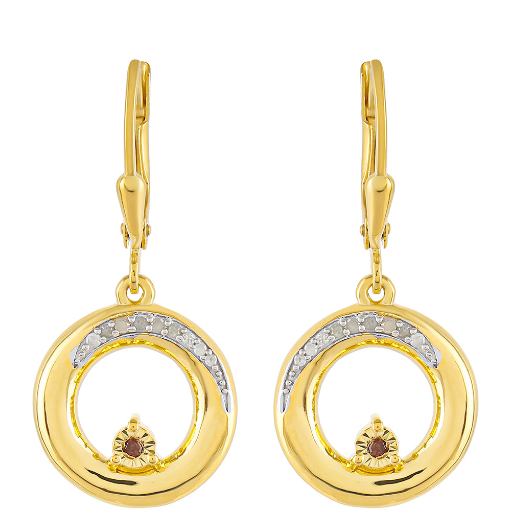 Pozlacené Stříbro 925/1000 - Náušnice s Červeným Diamantem a Bílým Diamantem - Karátové číslo: 0.12. přibližná hmotnost: 4.63 gramů