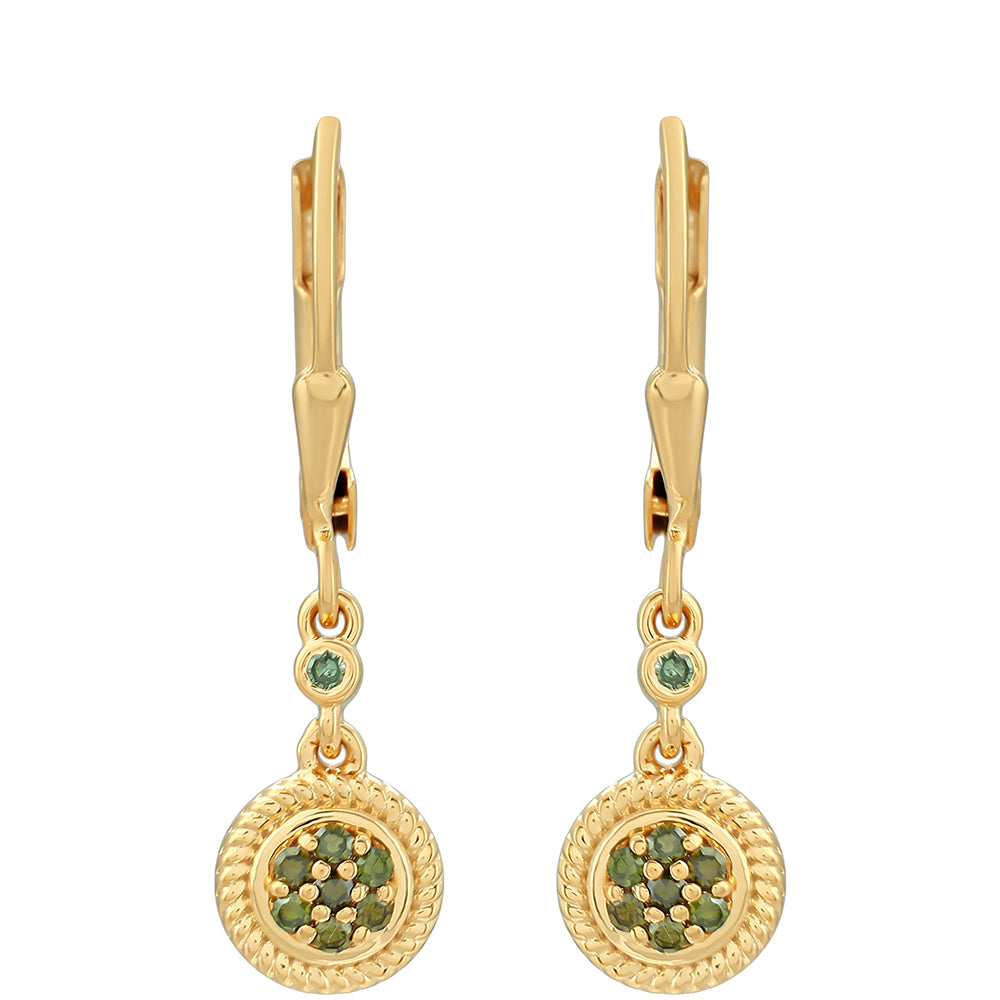 Pozlacené Stříbro 925/1000 - Náušnice se Zeleným Diamantem - Karátové číslo: 0.16. přibližná hmotnost: 2.01 gramů