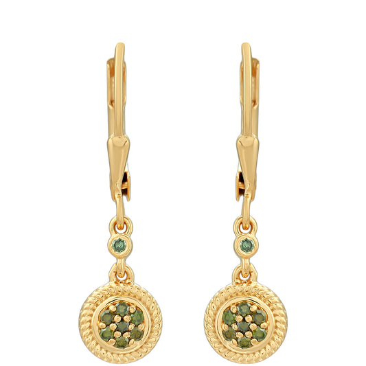 Pozlacené Stříbro 925/1000 - Náušnice se Zeleným Diamantem - Karátové číslo: 0.16. přibližná hmotnost: 2.01 gramů