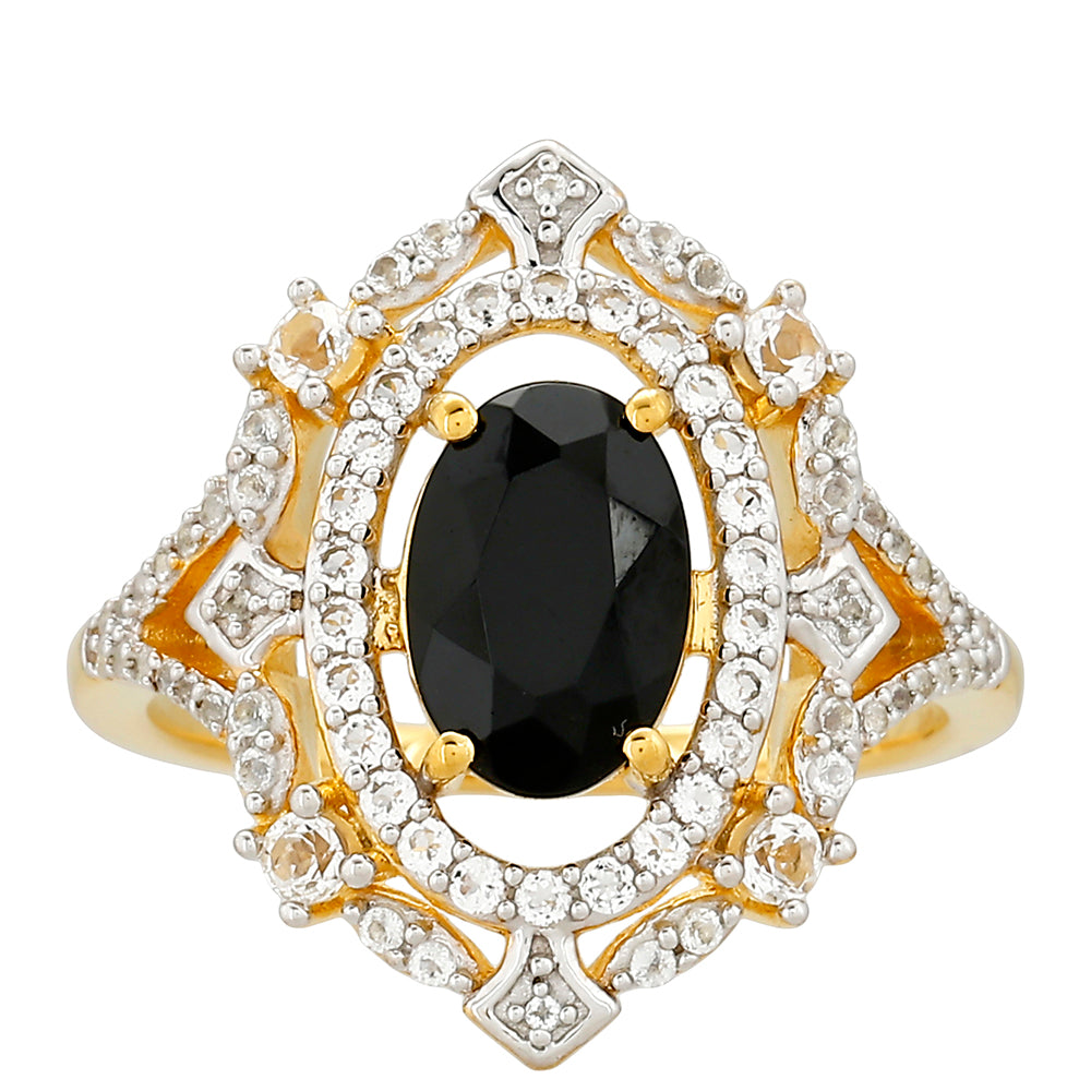 Pozlacené Stříbro 925/1000 - Prsten s Černým Turmalínem a Bílým Topazem - Karátové číslo: 2.07. přibližná hmotnost: 3.89 gramů