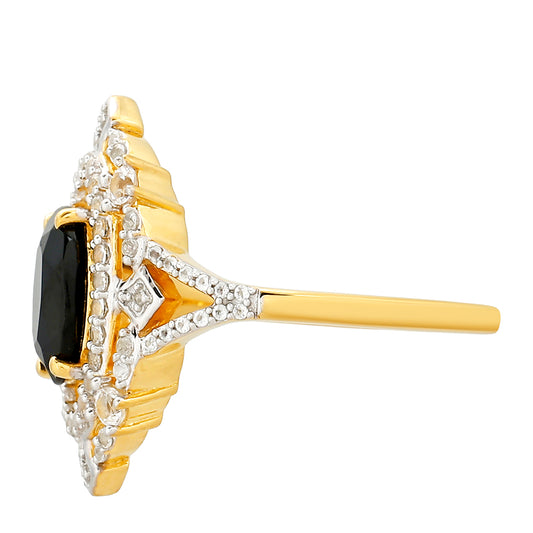 Pozlacené Stříbro 925/1000 - Prsten s Černým Turmalínem a Bílým Topazem - Karátové číslo: 2.07. přibližná hmotnost: 3.89 gramů