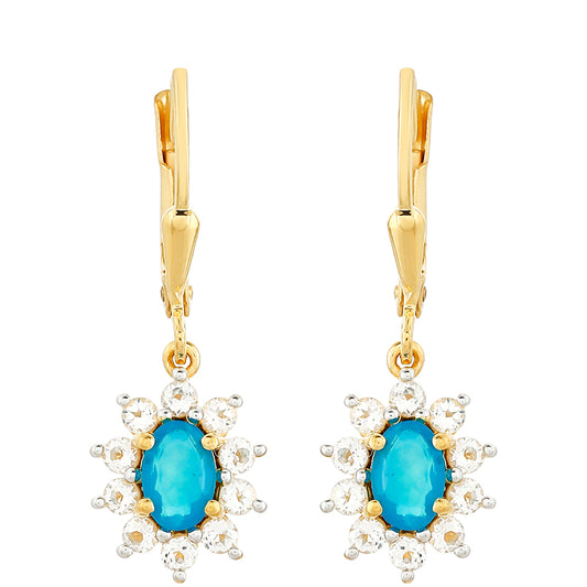 Pozlacené Stříbrné Náušnice s etiopským Paraiba modrým opálem a Bílým Topazem