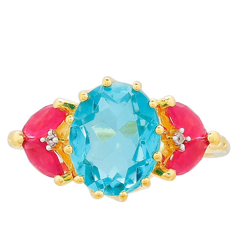 Pozlacený Stříbrný Prsten s Paraiba Křemenem a Červeným Křemenem