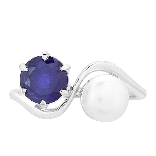 Stříbrný Prsten s Thajským Safírem a Bílou Sladkovodní Perlou