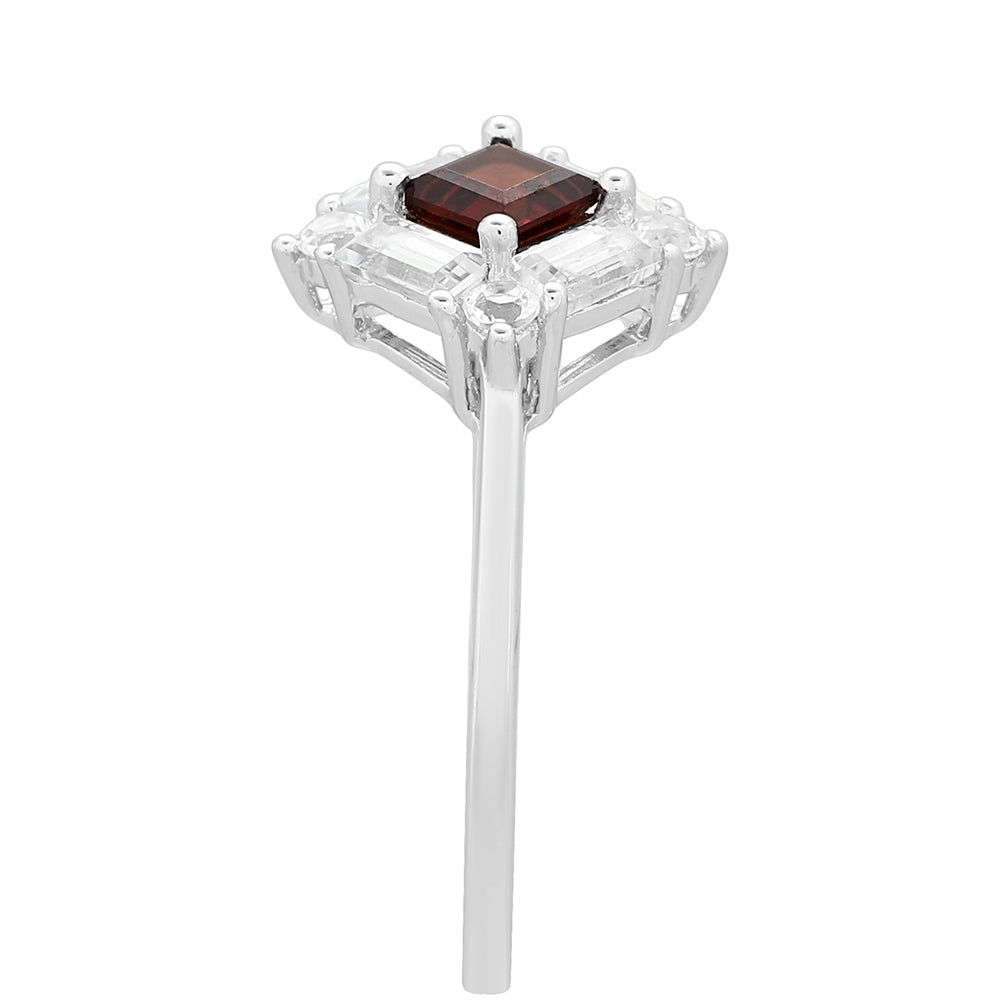 Stříbro 925/1000 - Prsten s Granátem a Bílým Topazem - Karátové číslo: 1.18. přibližná hmotnost: 2.14 gramů