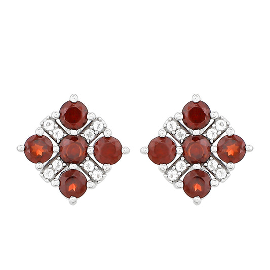 Stříbrné Náušnice s Granátem a Bílým Topazem