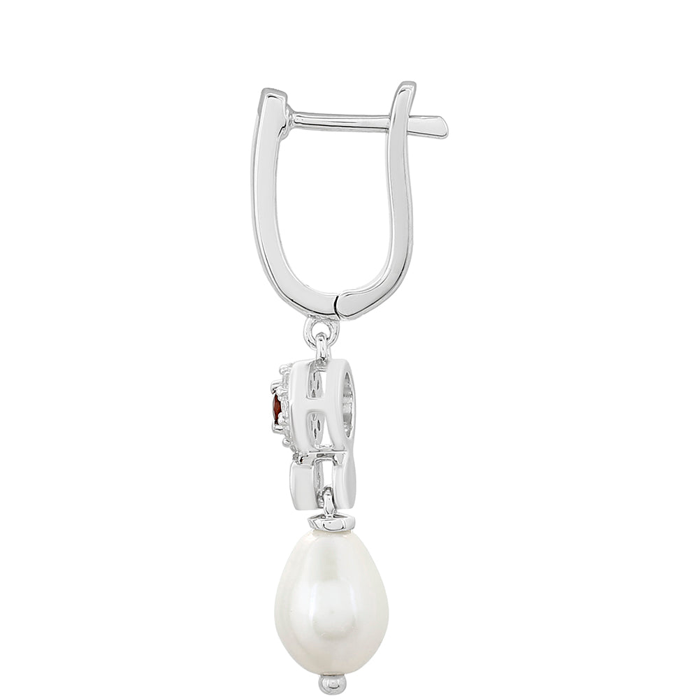 Stříbrné Náušnice s Granátem a Bílou Sladkovodní Perlou 2 